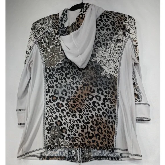 Joseph Ribkoff Leopard Print‎ Lace Embellished Zip Front Hooded Jacket Women 12 - Picture 2 of 10